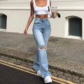 Women Vintage Ripped Flare Bell Bottom Jeans High Waisted Wide Leg Raw Hem Denim Pants Casual Slim Fitting Trousers with Pocket