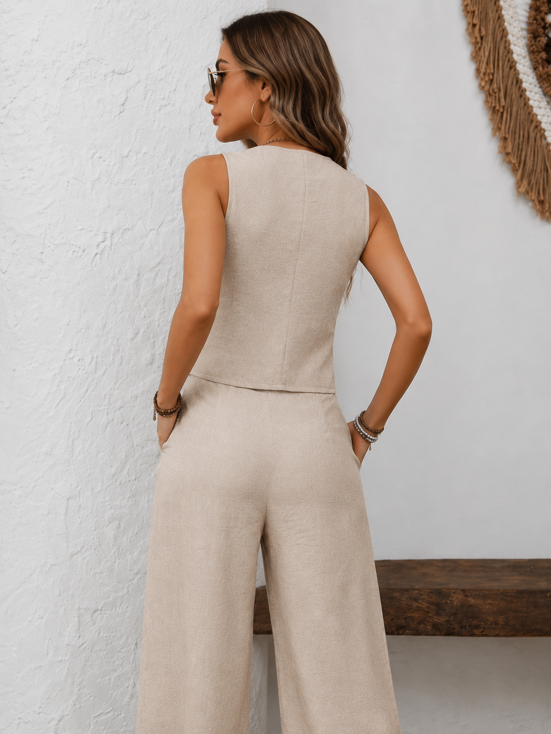 V-Neck Button Down Vest and Wide Leg Pants Set