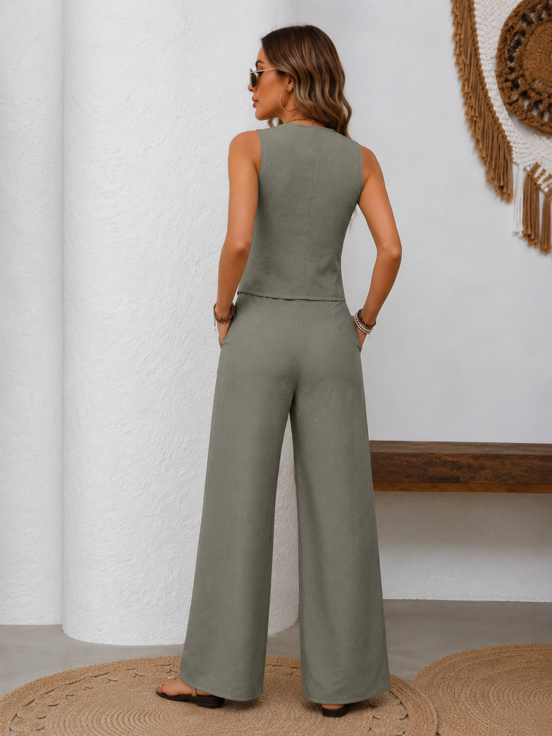 V-Neck Button Down Vest and Wide Leg Pants Set